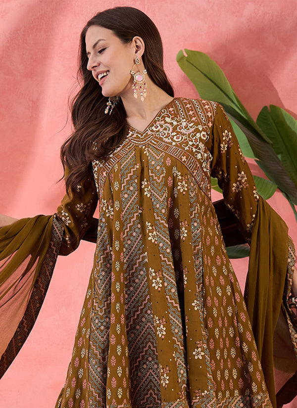 Vegaa Fashion Mustard Roman Silk Embroidered Palazzo Suit
