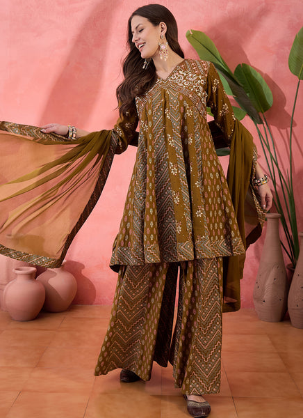 Vegaa Fashion Mustard Roman Silk Embroidered Palazzo Suit