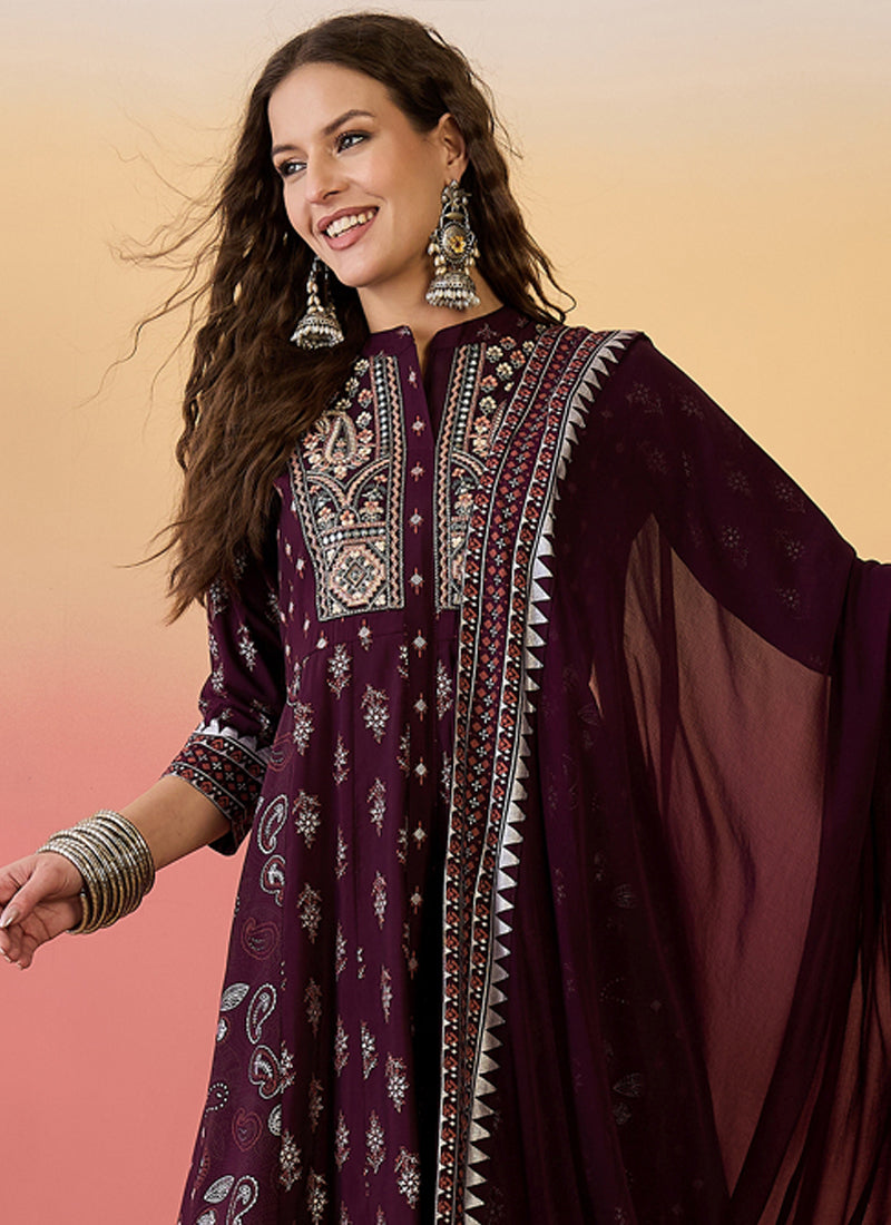 Vegaa Fashion Wine Roman Silk Embroidered Palazzo Suit - Distacart