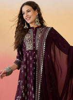 Thumbnail for Vegaa Fashion Wine Roman Silk Embroidered Palazzo Suit