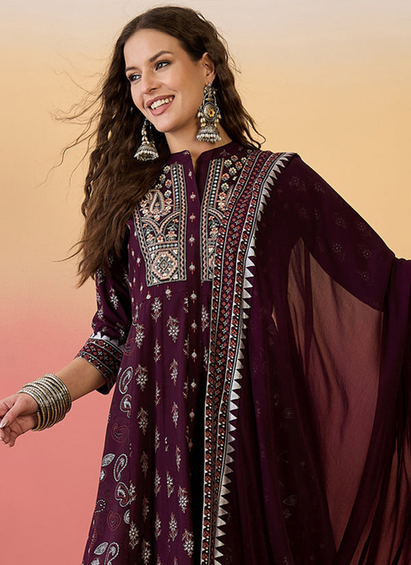 Vegaa Fashion Wine Roman Silk Embroidered Palazzo Suit