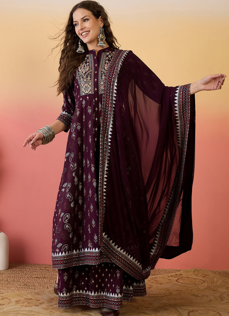 Vegaa Fashion Wine Roman Silk Embroidered Palazzo Suit - Distacart