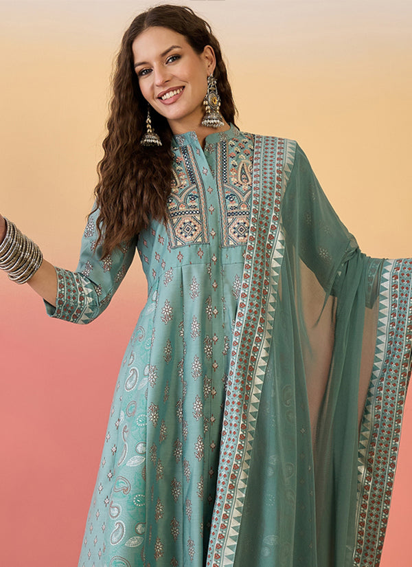 Vegaa Fashion Light Teal Green Roman Silk Embroidered Palazzo Suit
