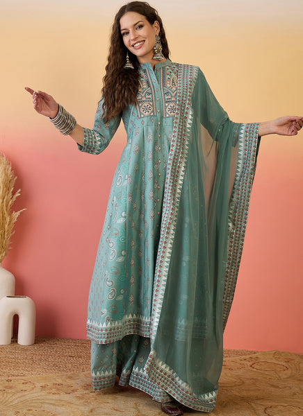 Vegaa Fashion Light Teal Green Roman Silk Embroidered Palazzo Suit