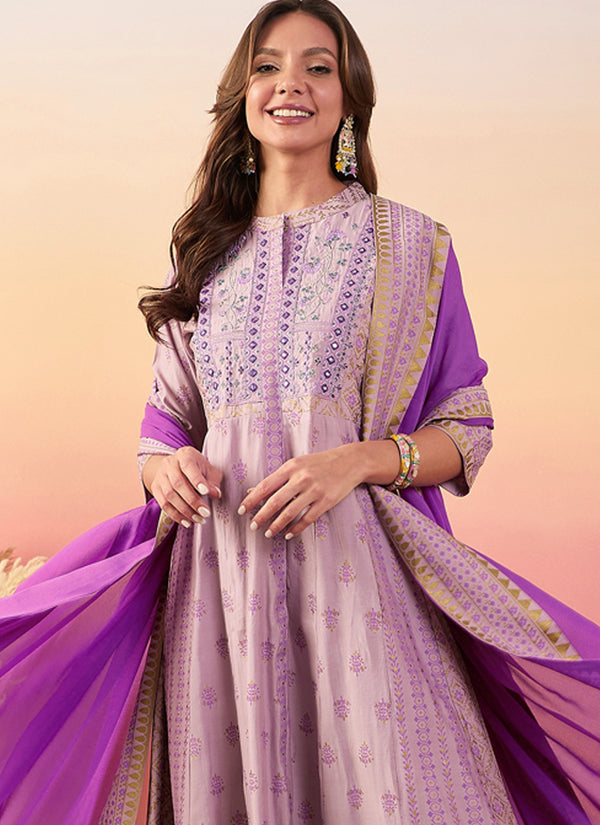 Vegaa Fashion Baby Pink Roman Silk Embroidered Palazzo Suit