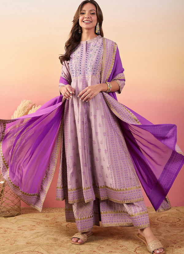 Vegaa Fashion Baby Pink Roman Silk Embroidered Palazzo Suit
