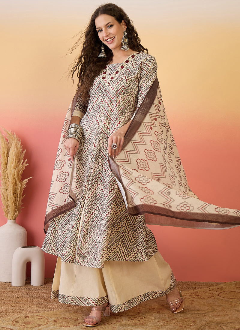 Vegaa Fashion Cream Roman Silk Embroidered Palazzo Suit - Distacart