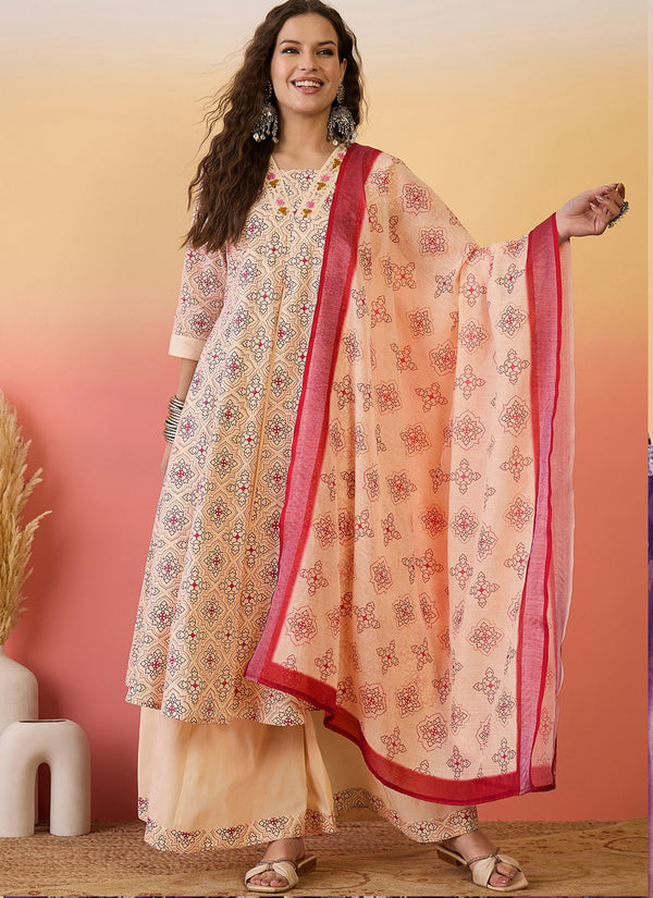 Vegaa Fashion Cream Roman Silk Embroidered Palazzo Suit