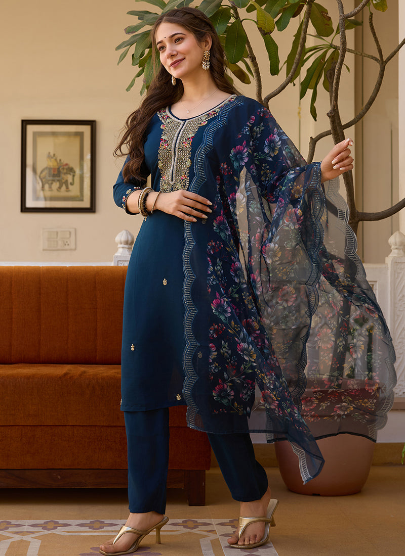 Vegaa Fashion Navy Blue Viscose Silk Beads Work Desginer Suit