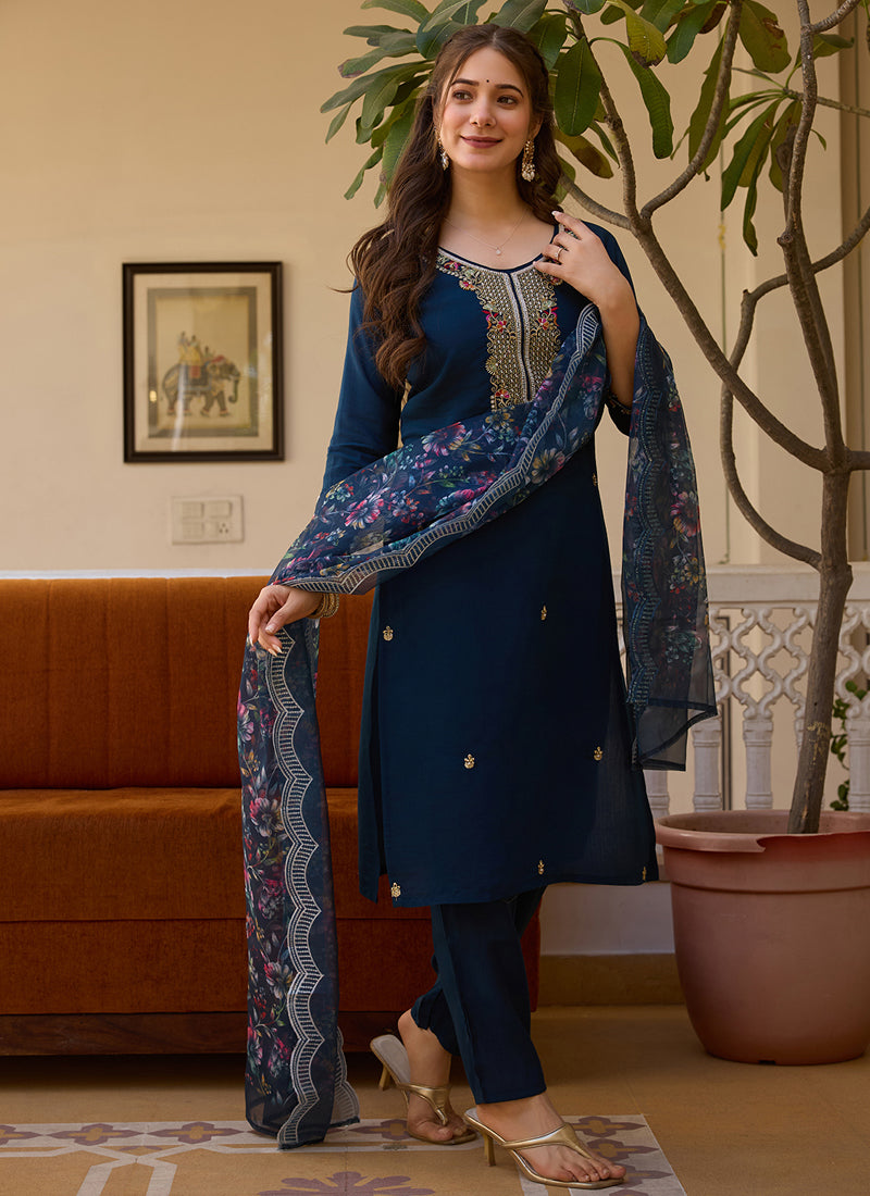 Vegaa Fashion Navy Blue Viscose Silk Beads Work Desginer Suit