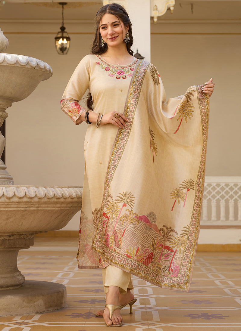 Vegaa Fashion Cream Viscose Silk Beads Work Desginer Suit