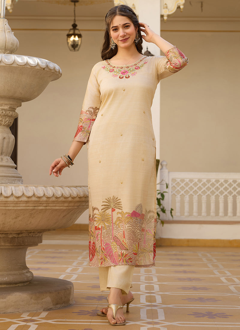 Vegaa Fashion Cream Viscose Silk Beads Work Desginer Suit