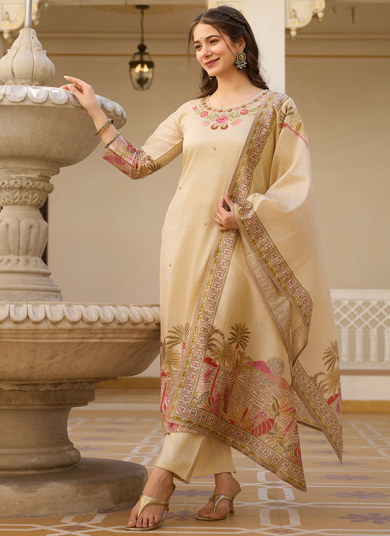 Vegaa Fashion Cream Viscose Silk Beads Work Desginer Suit