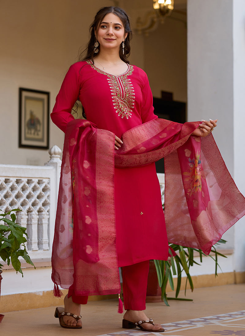 Vegaa Fashion Red Viscose Silk Beads Work Desginer Suit