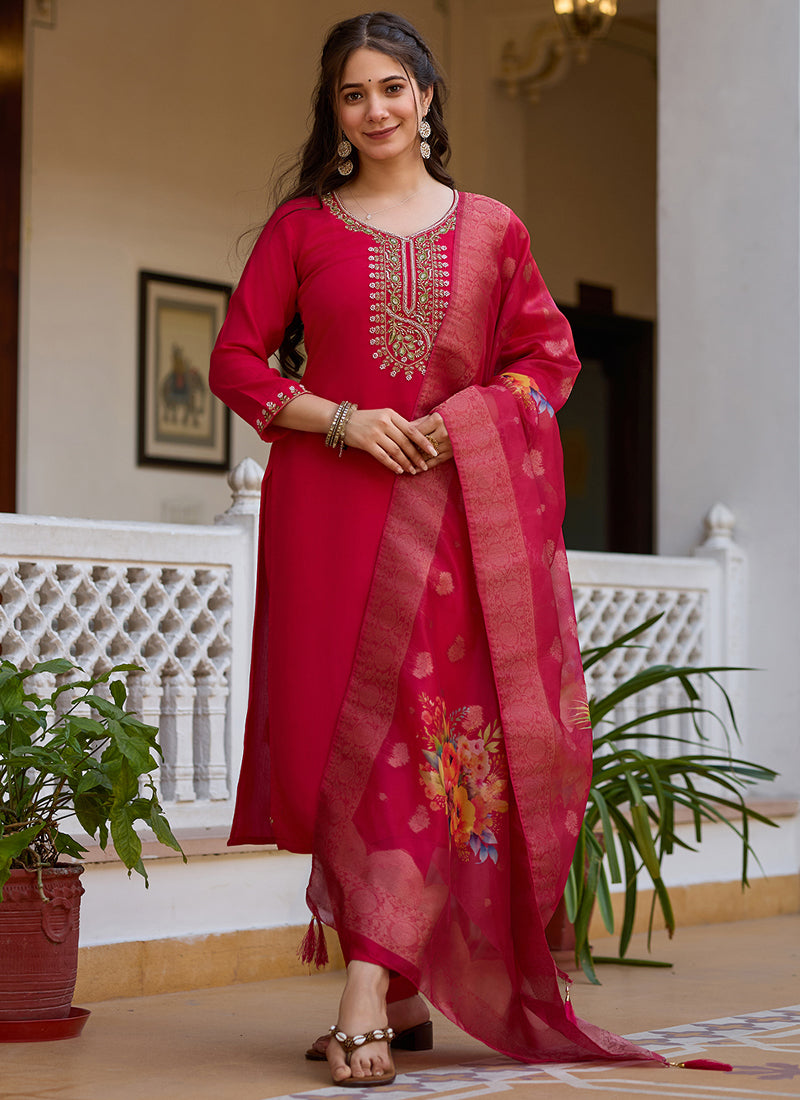 Vegaa Fashion Red Viscose Silk Beads Work Desginer Suit