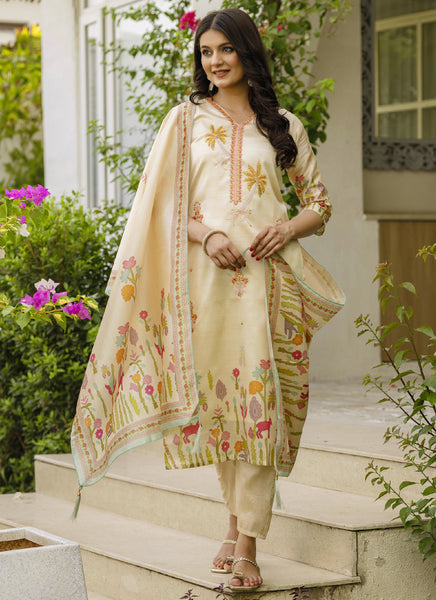 Vegaa Fashion Cream Viscose Silk Beads Work Desginer Suit