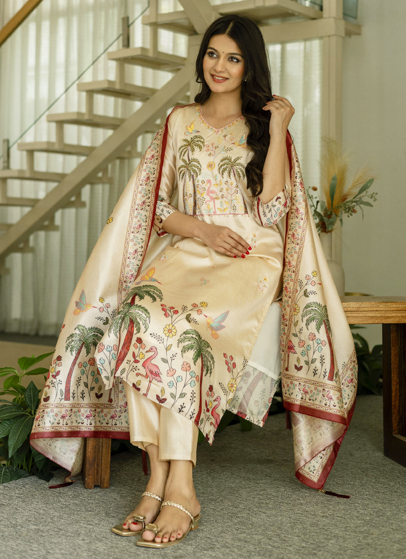 Vegaa Fashion Cream Viscose Silk Beads Work Desginer Suit