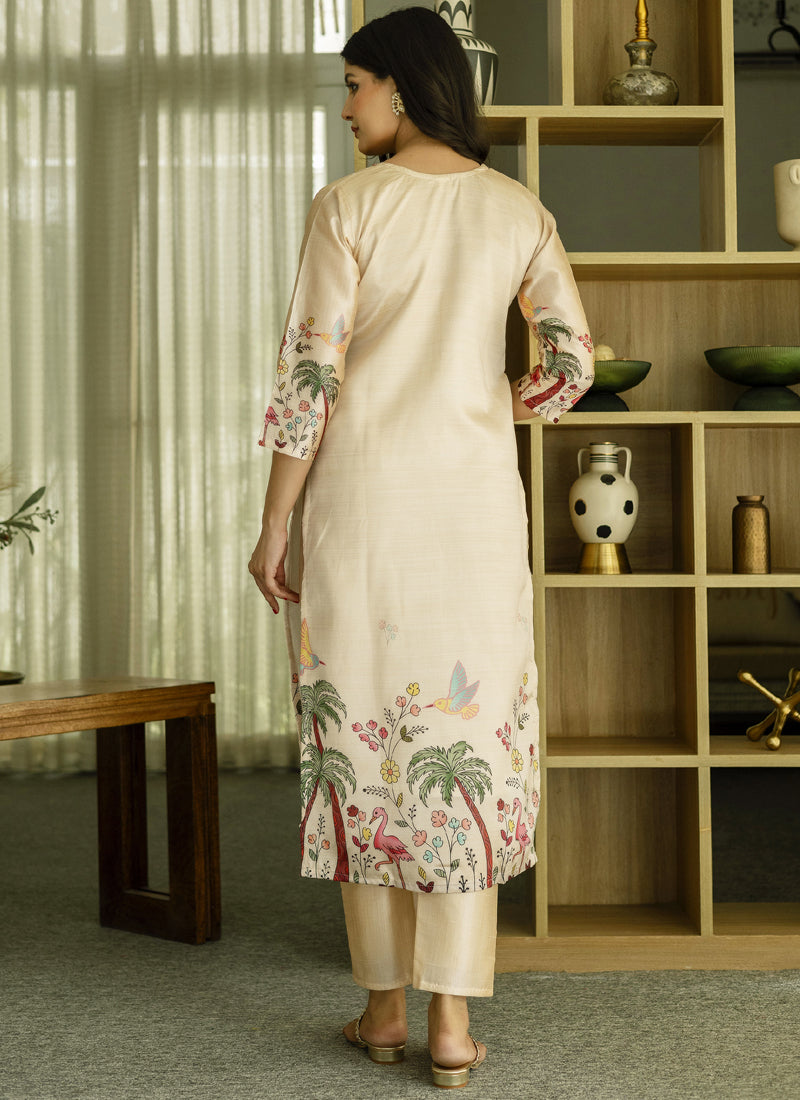 Vegaa Fashion Cream Viscose Silk Beads Work Desginer Suit
