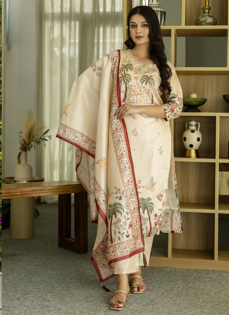 Vegaa Fashion Cream Viscose Silk Beads Work Desginer Suit