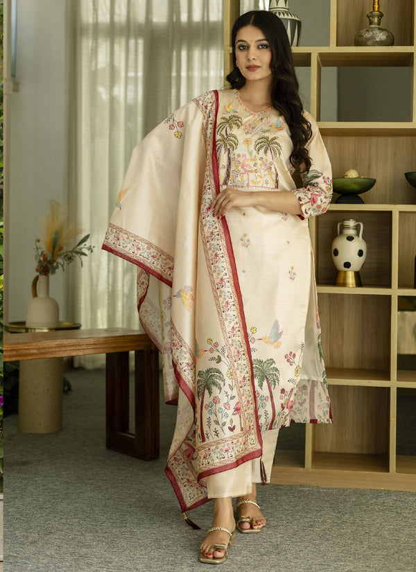 Vegaa Fashion Cream Viscose Silk Beads Work Desginer Suit