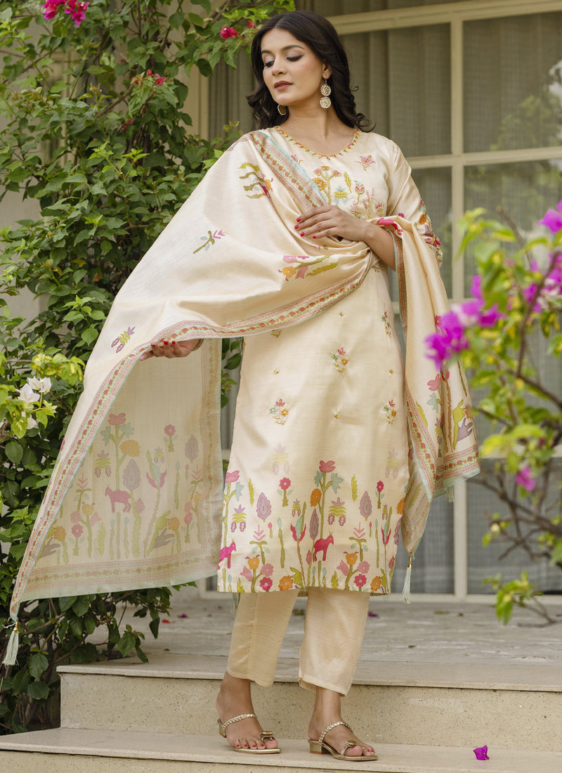 Vegaa Fashion Cream Viscose Silk Beads Work Desginer Suit