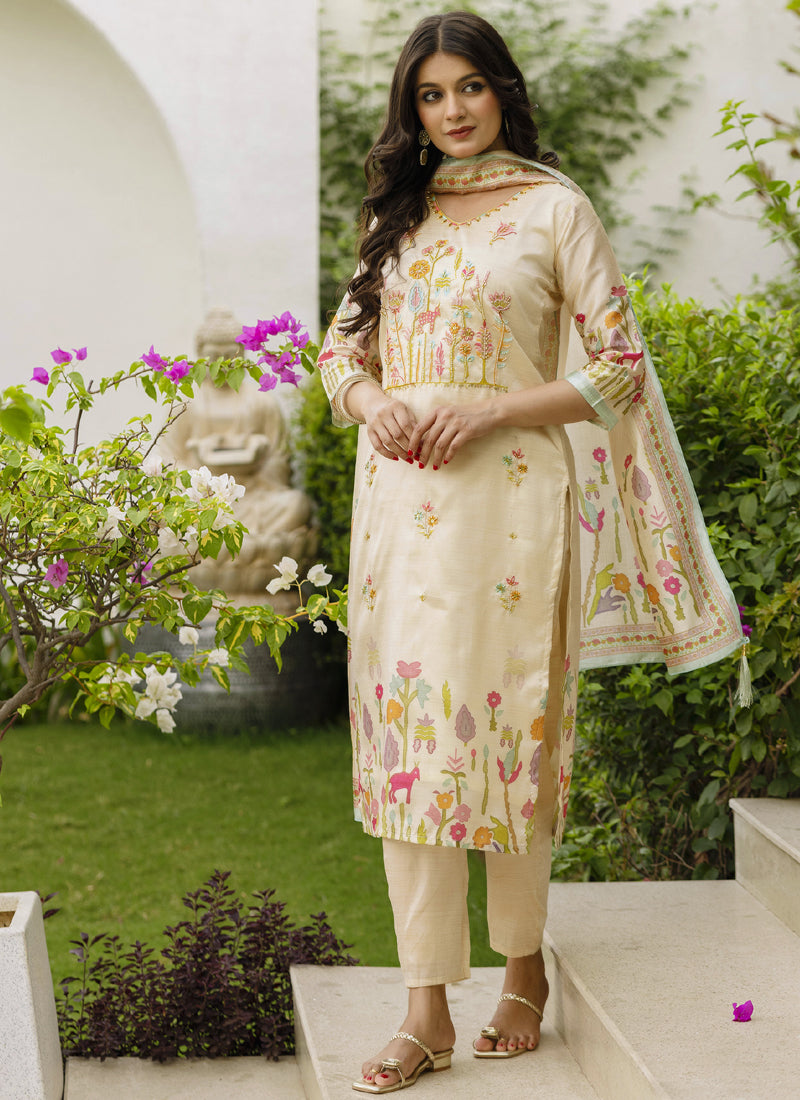 Vegaa Fashion Cream Viscose Silk Beads Work Desginer Suit