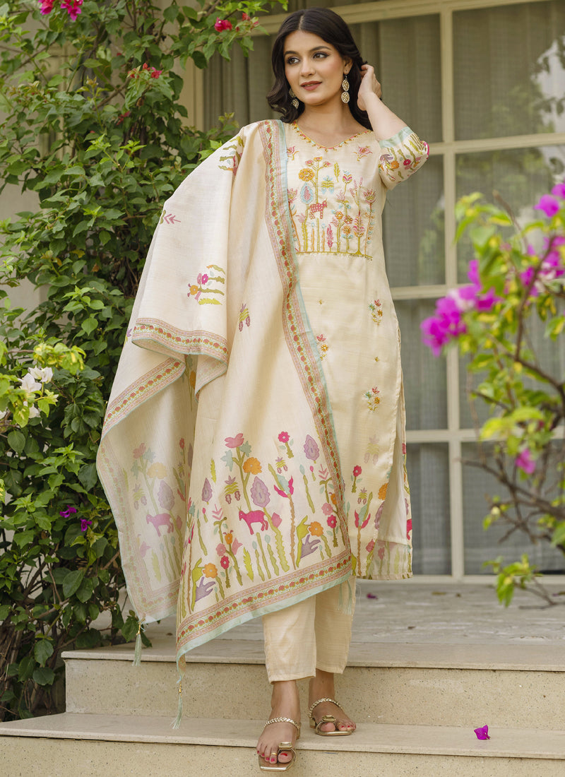 Vegaa Fashion Cream Viscose Silk Beads Work Desginer Suit