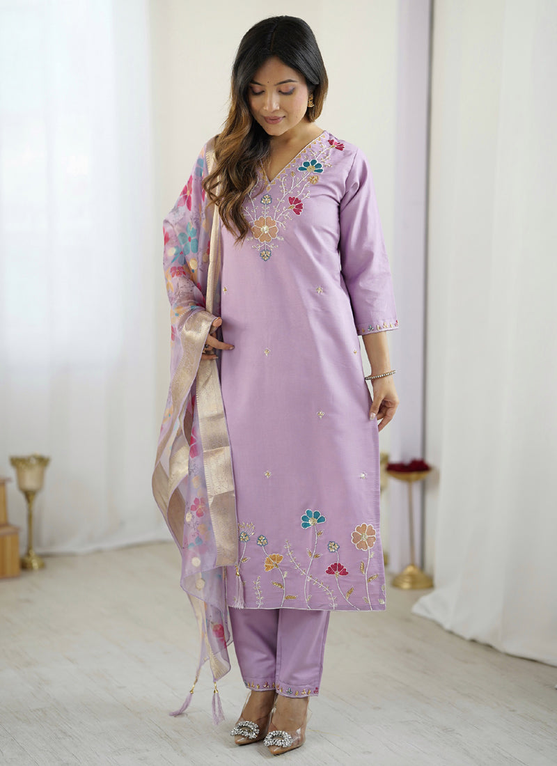 Vegaa Fashion Lavender Viscose Silk Beads Work Desginer Suit