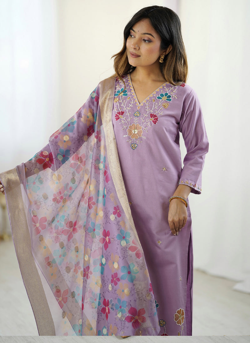 Vegaa Fashion Lavender Viscose Silk Beads Work Desginer Suit
