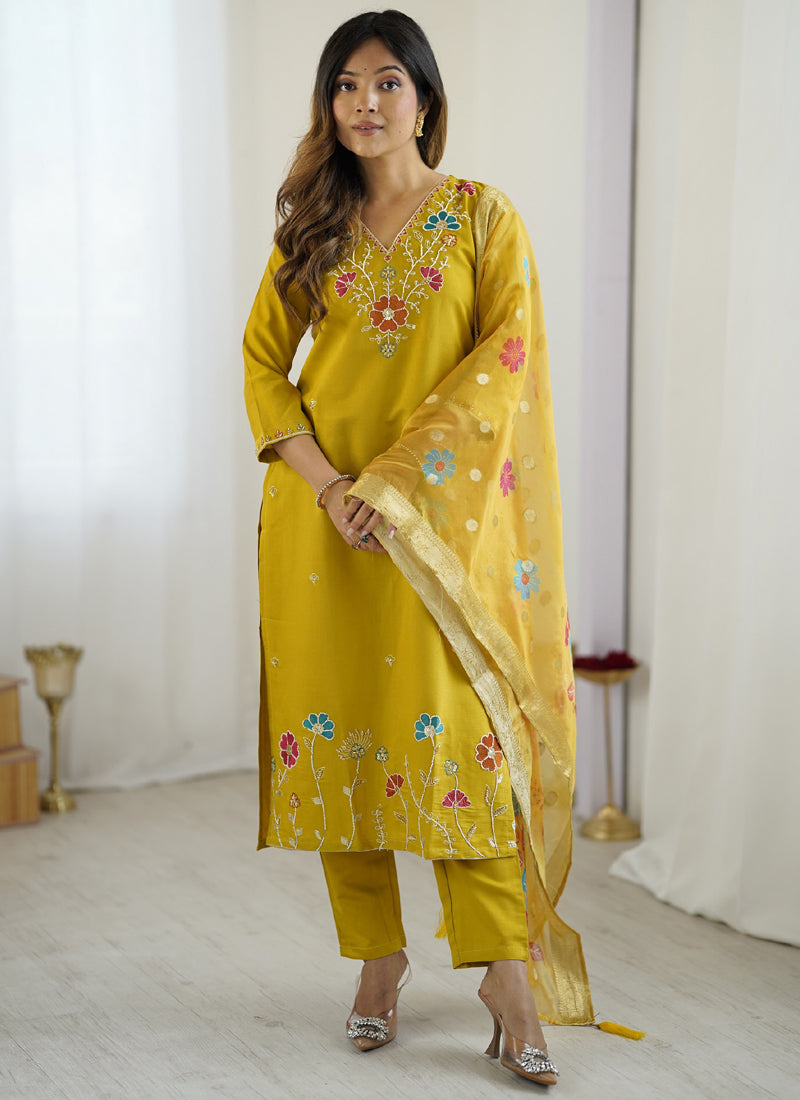 Vegaa Fashion Yellow Viscose Silk Beads Work Desginer Suit