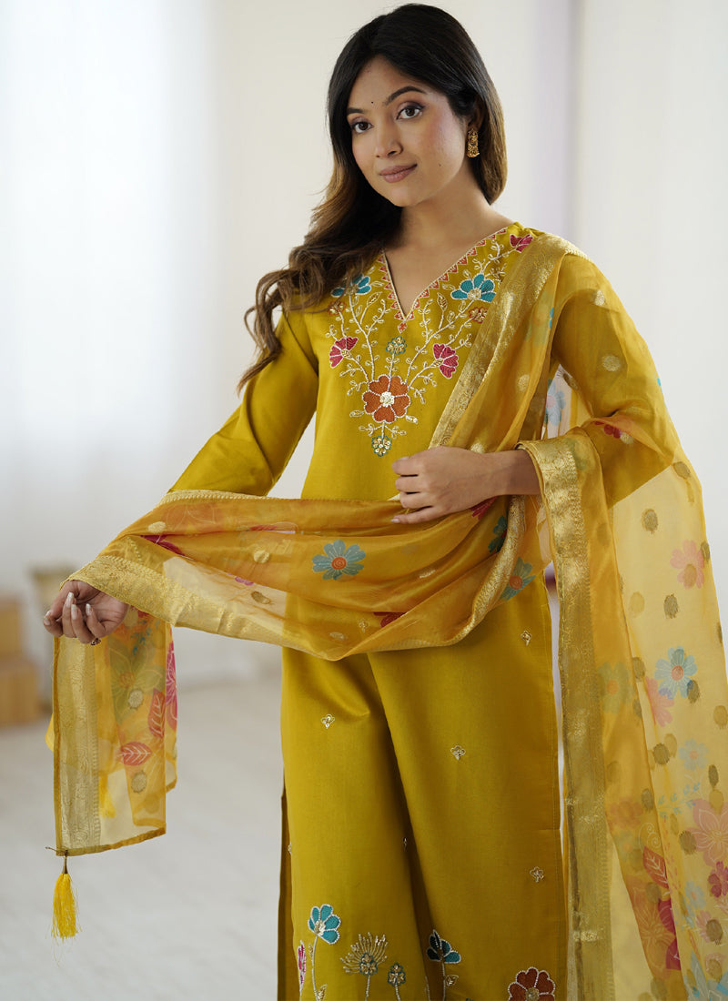 Vegaa Fashion Yellow Viscose Silk Beads Work Desginer Suit