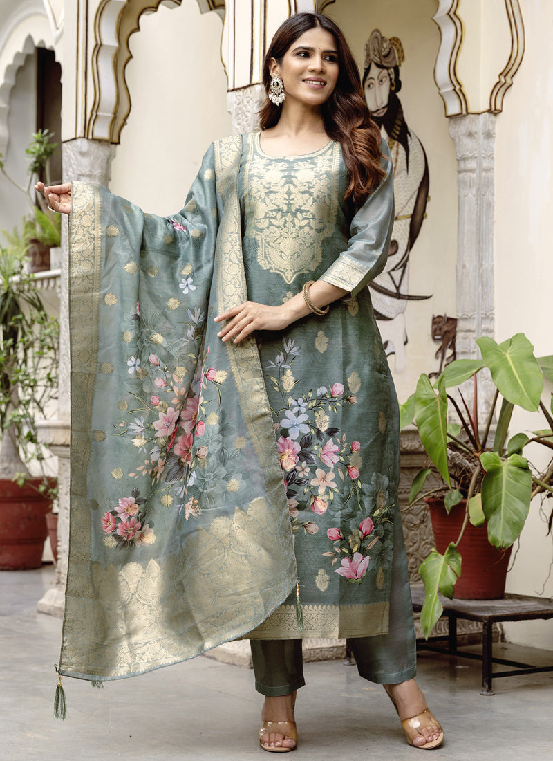 Vegaa Fashion Light Grey Viscose Silk Beads Work Desginer Suit