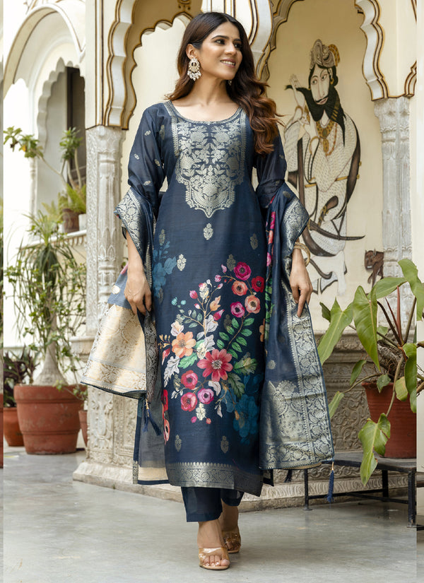 Vegaa Fashion Grey Viscose Silk Beads Work Desginer Suit