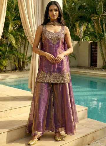 Vegaa Fashion Light-Purple Embroidered Satin Palazzo Suit - Dista