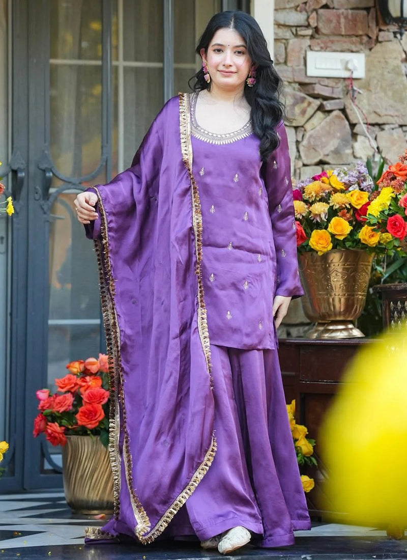 Vegaa Fashion Purple Embroidered Fendi Silk Salwar Suit - Dista