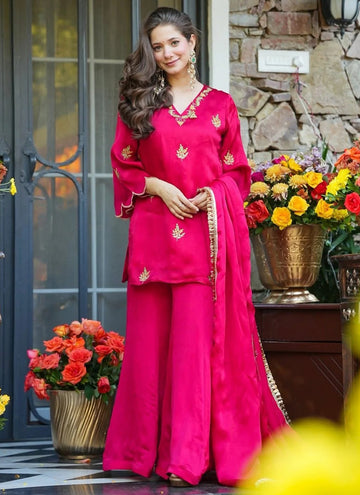 Vegaa Fashion Rani-Pink Embroidered Fendi Silk Salwar Suit - Dista
