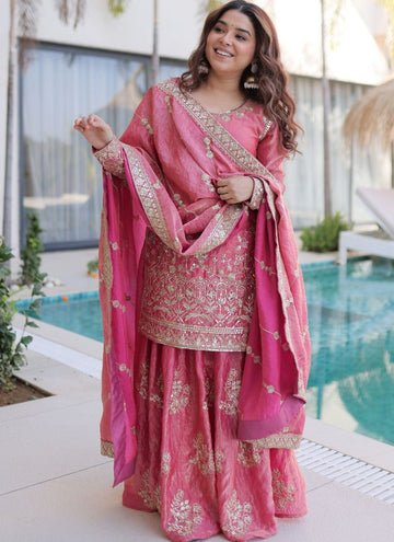 Vegaa Fashion Light-Pink Embroidered Fendi Silk Salwar Suit - Dista