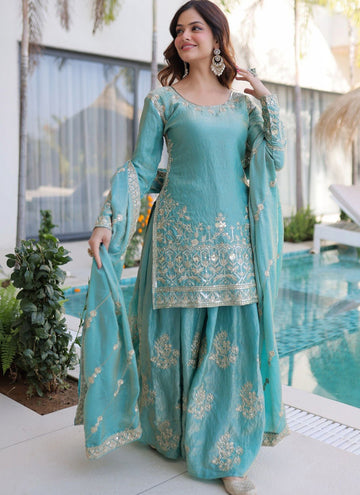 Vegaa Fashion Sky-Blue Embroidered Fendi Silk Salwar Suit - Dista