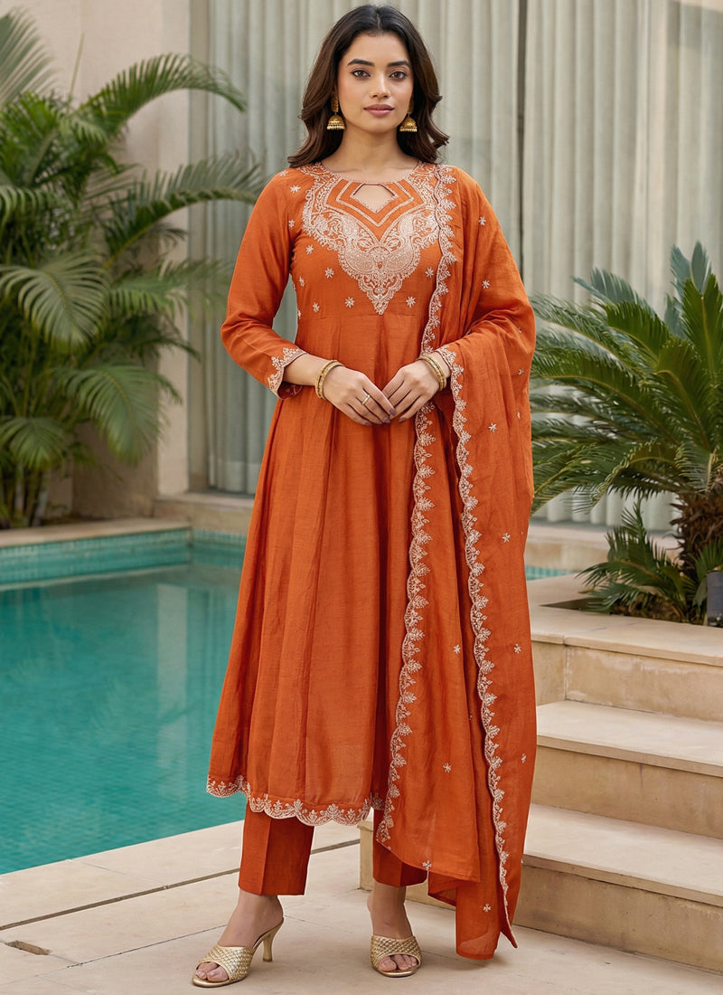 Vegaa Fashion Orange Embroidered Vichitra Anarkali Suit - Dista