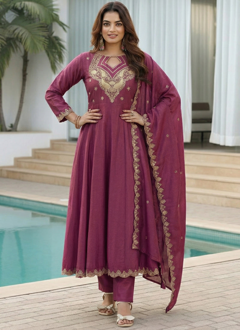 Vegaa Fashion Dark-Purple Embroidered Vichitra Anarkali Suit - Dista