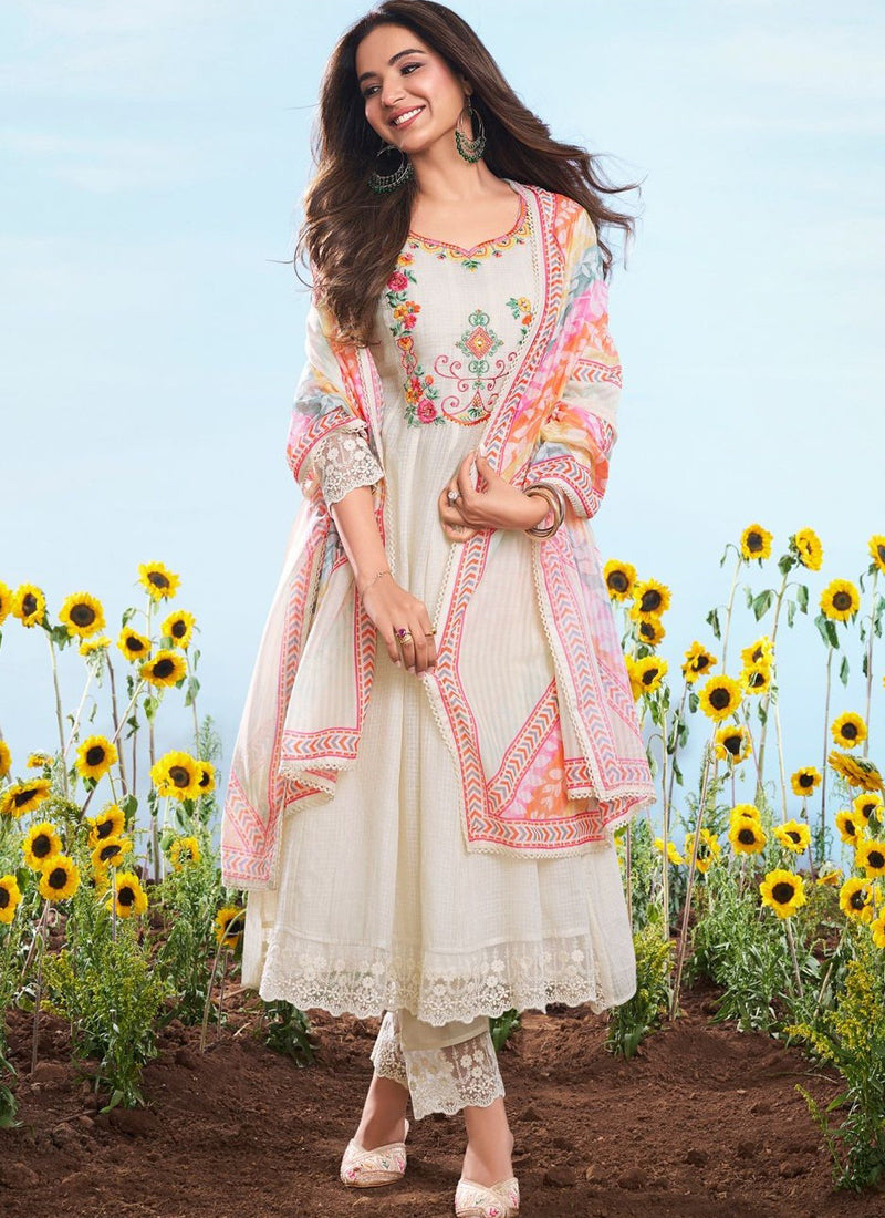 Vegaa Fashion Off-White Embroidered Cotton Anarkali Suit - Dista