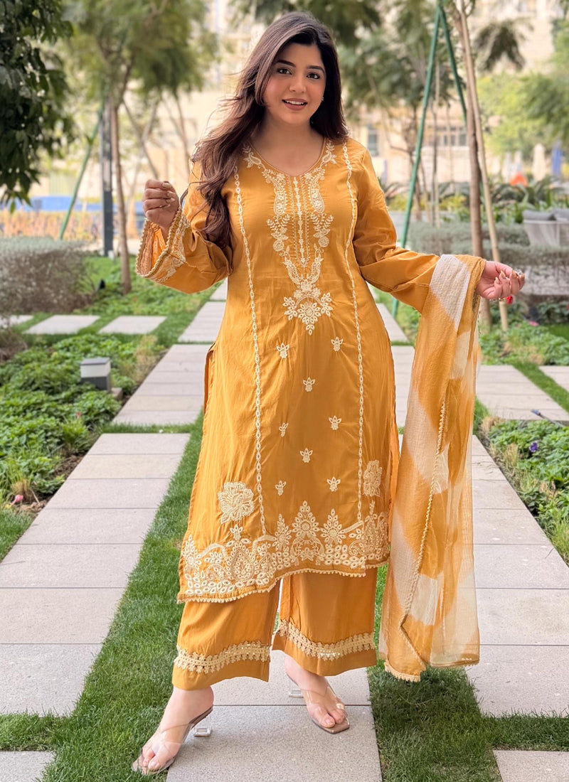 Vegaa Fashion Mustard Embroidered Vichitra Salwar Suit - Dista