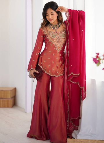 Vegaa Fashion Rani-Pink Embroidered Fendi Silk Salwar Suit - Dista
