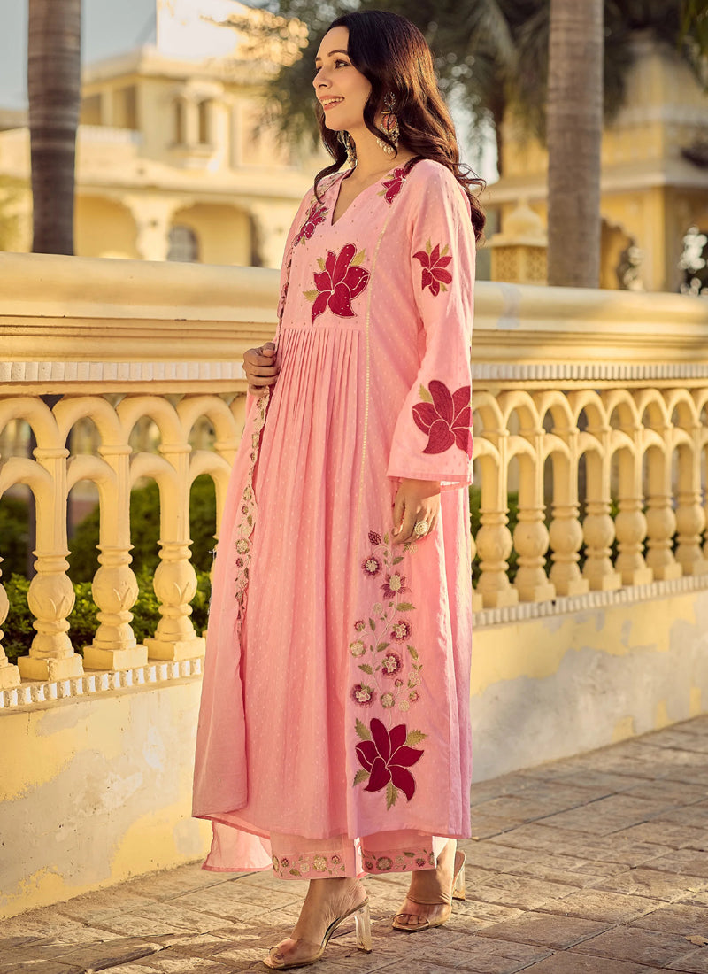 Vegaa Fashion Peach Embroidered Chanderi Anarkali Suit - Dista