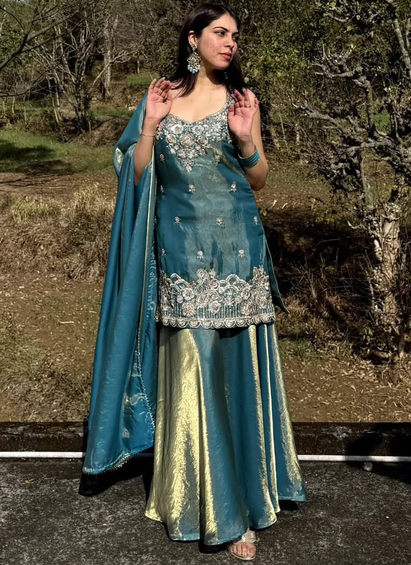 Vegaa Fashion Turquoise Embroidered Satin Palazzo Suit - Dista