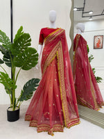 Thumbnail for Preksha Creation Women Twil Net Fabric with Coding & Thread with Sequence work Saree - Distacart