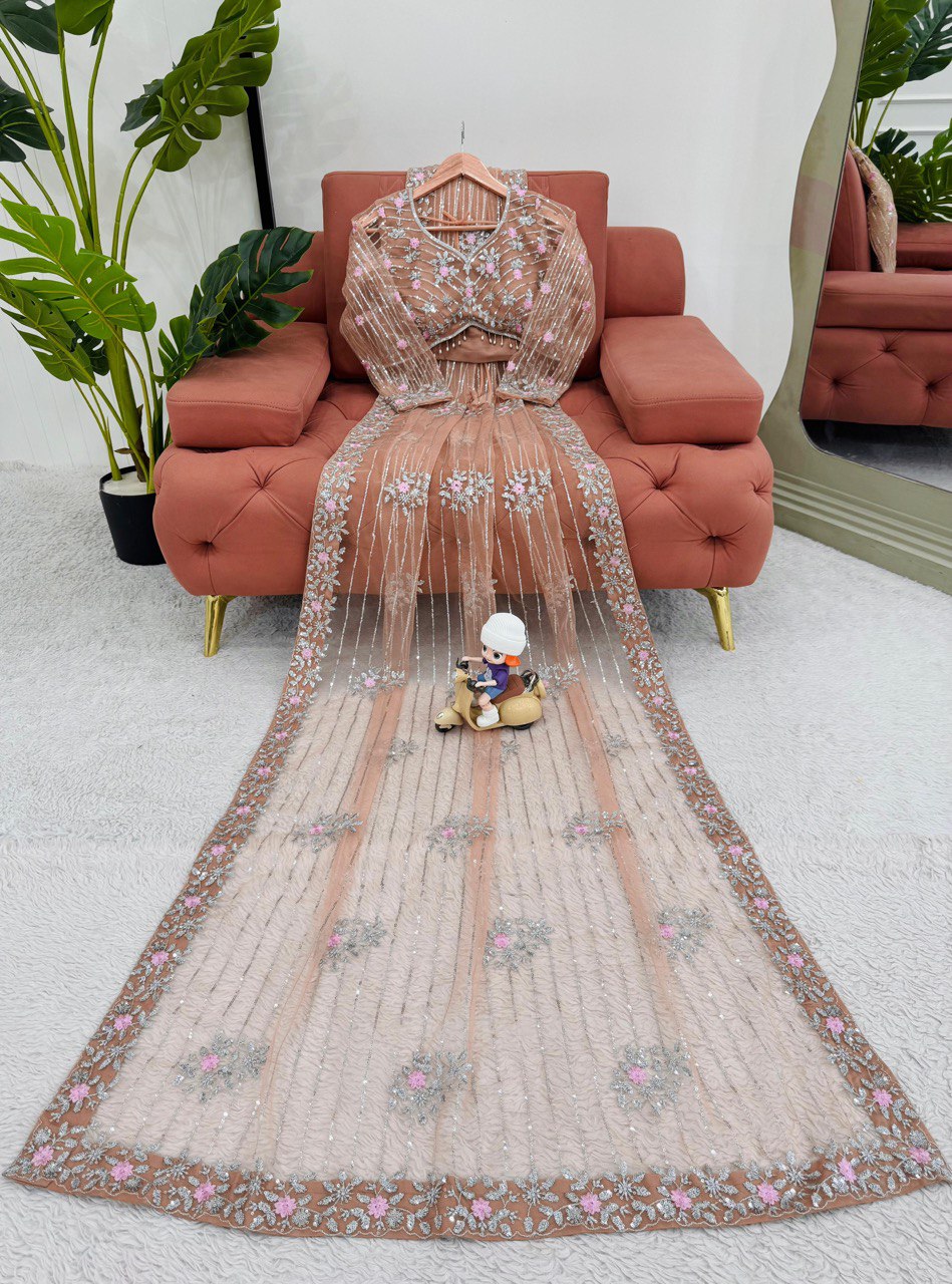 Preksha Creation Women Soft Net Fabric with Thread & Sequence work Saree - Distacart