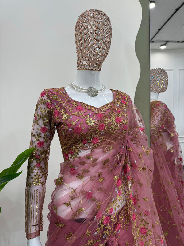 Preksha Creation Women Soft Net Fabric with Thread & Sequence work Saree - Distacart