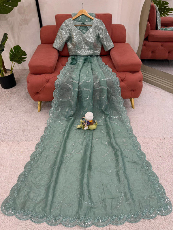 Preksha Creation Women Gold Crush Fabric with Sequence work Saree - Distacart