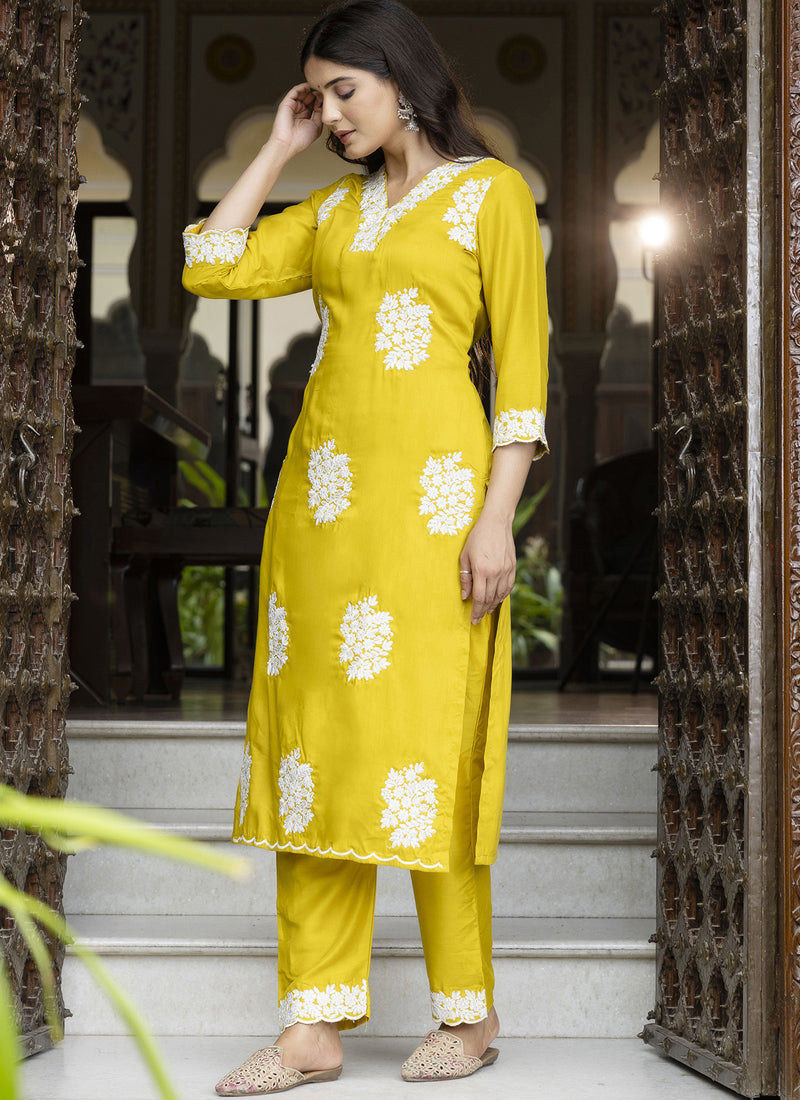 Vegaa Fashion Yellow Embroidered Silk Blend Kurti Suit - Dista